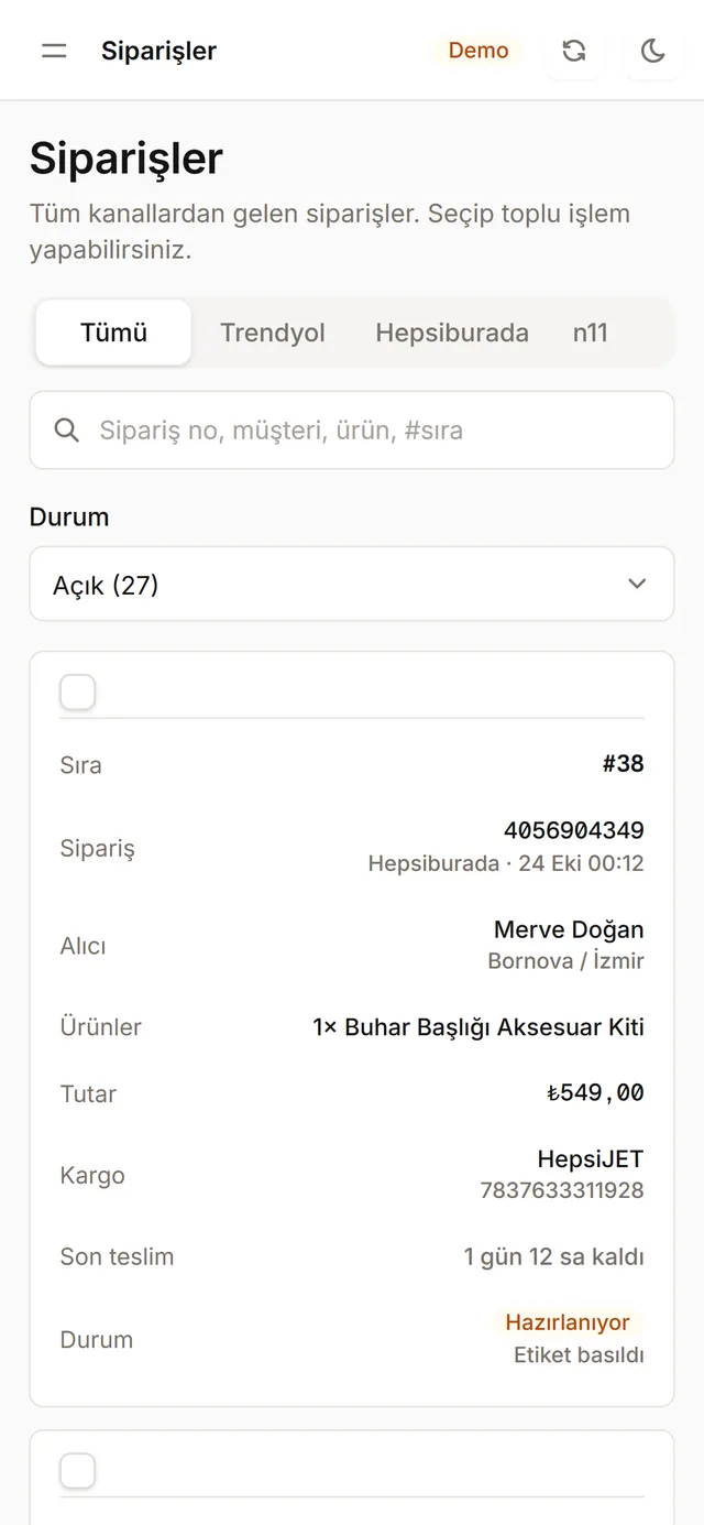 Telefonda sipariş listesi, pazaryerine göre süzgeç
